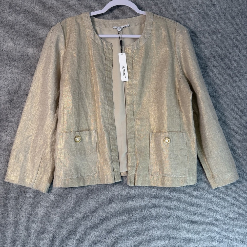 Chico's Sise-2 Womens Novelty Linen Jacket Gold Metallic Oatmeal Open Front